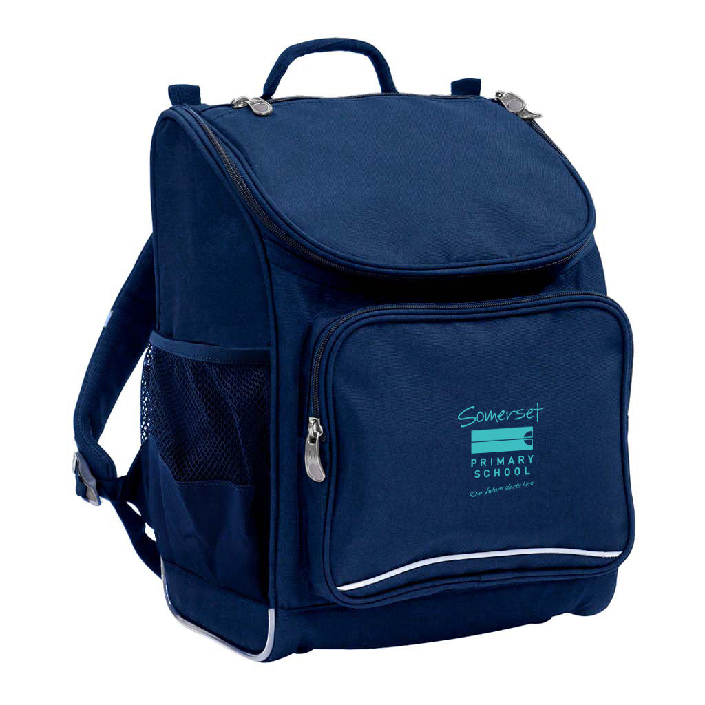 Mighty backpack in colour Navy, front side angle displaying carry handle, padded shoulder straps, top zipper compartment, front zipper pocket and mesh water bottle holder with Somerset Primary School logo