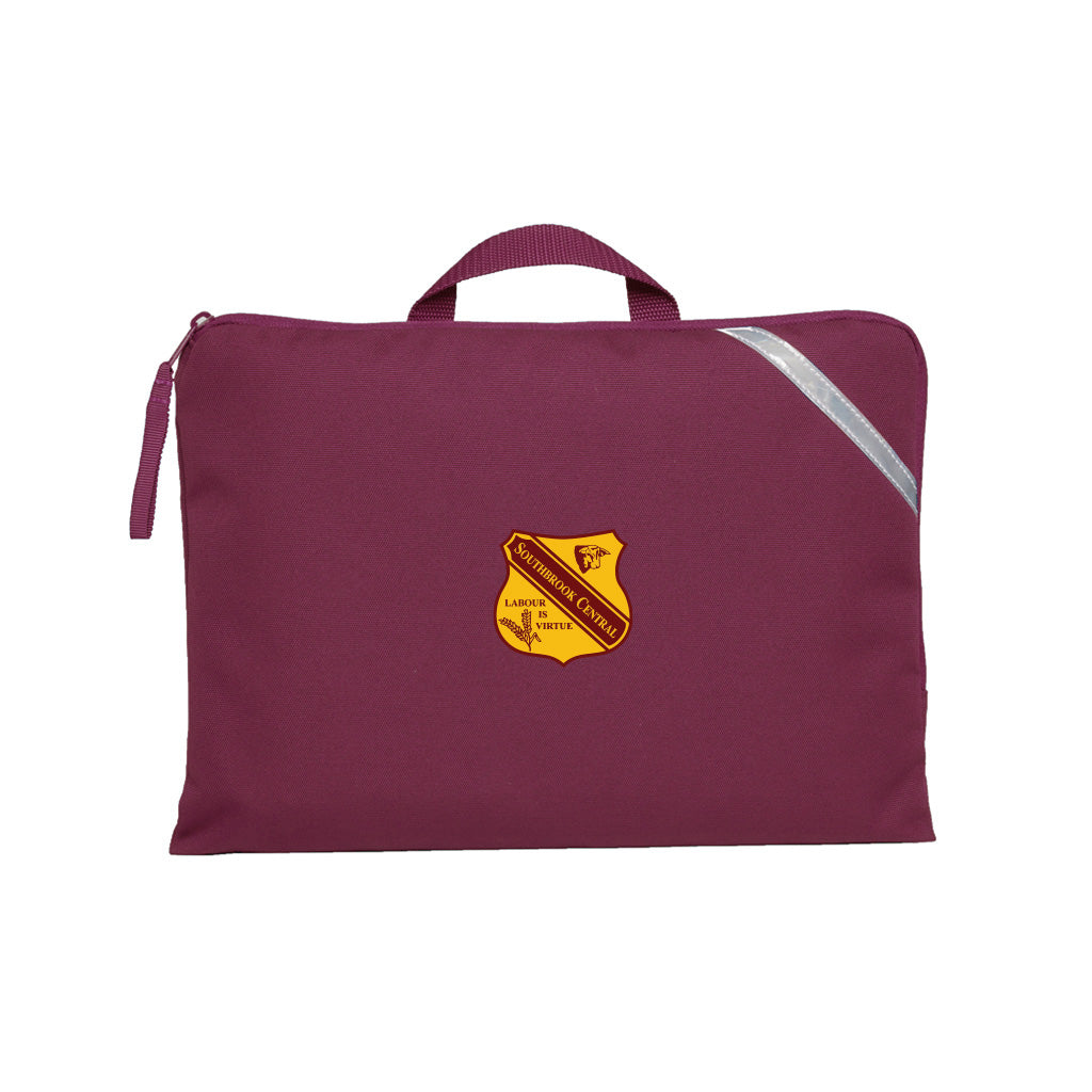 Maroon Q Book Bag, with single zip opening, handle and reflective strips and Southbrook Central State School logo