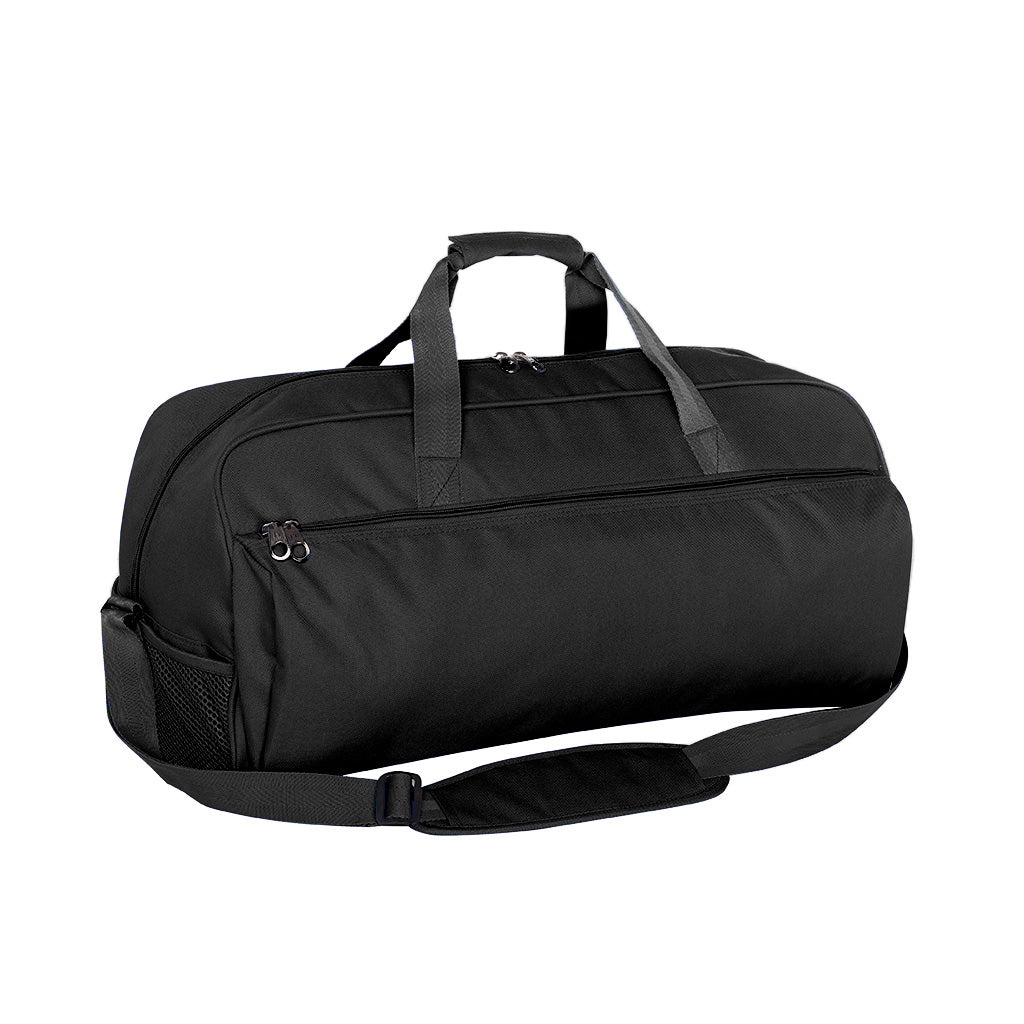 Harlequin Dance Bag in Black front angle displaying carry handles, top zip compartment, front lower zip compartment and shoulder strap