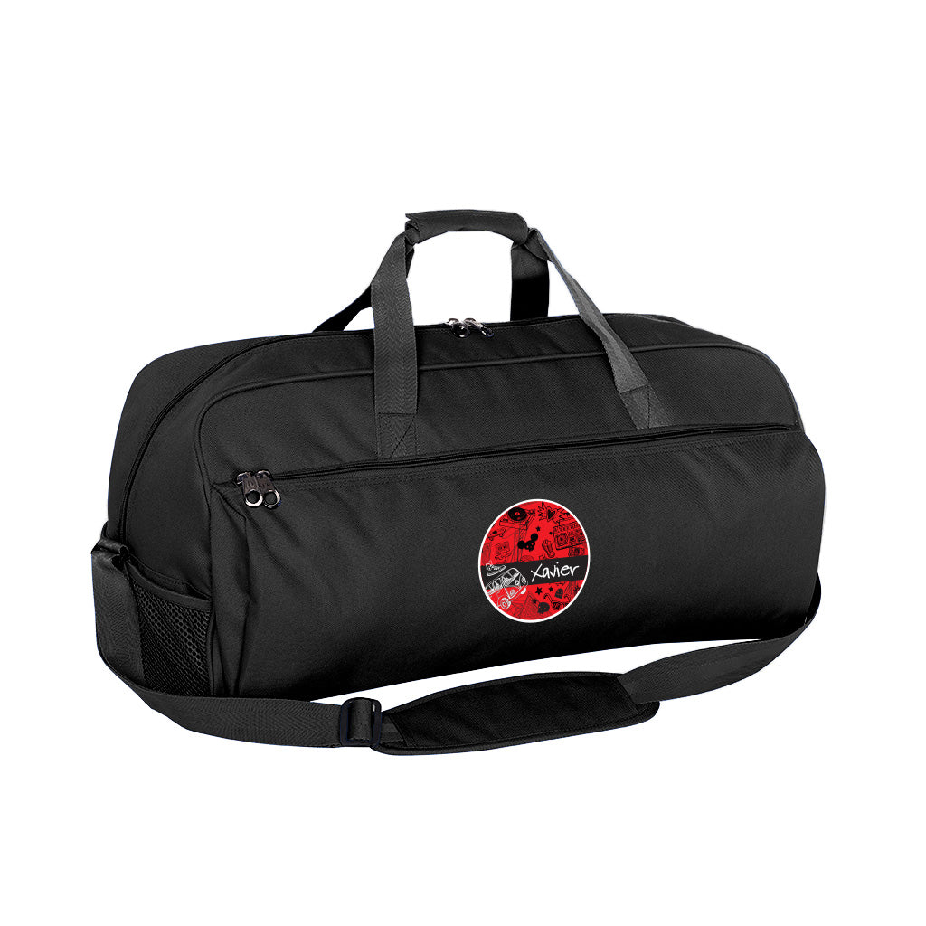 Harlequin Dance Duffle Bag in Black front angle displaying carry handles, top zip compartment, front lower zip compartment and shoulder strap