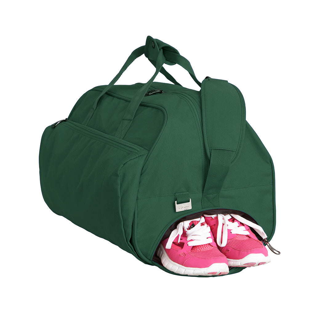 Green Sports Bag side view with adjustable shoulder strap, zip pockets and shoe space.