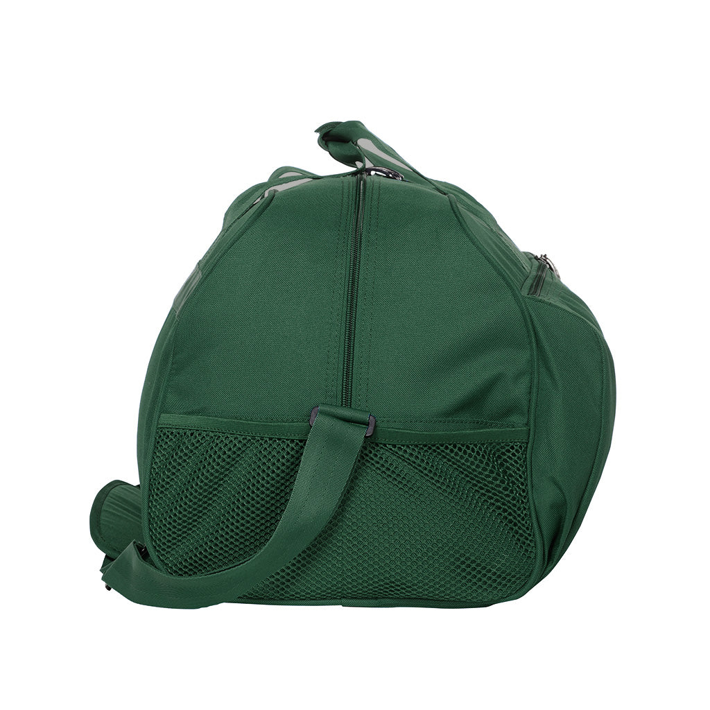 Green Sports Bag side view with adjustable shoulder strap, zip pockets and shoe space.
