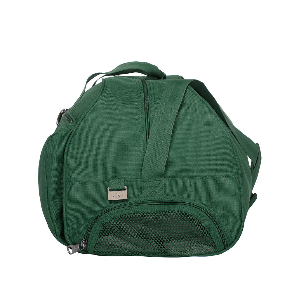 Harlequin sports Bag in Green side angle displaying carry handles, top zip compartment, front lower zip compartment, shoulder strap and side mesh pocket