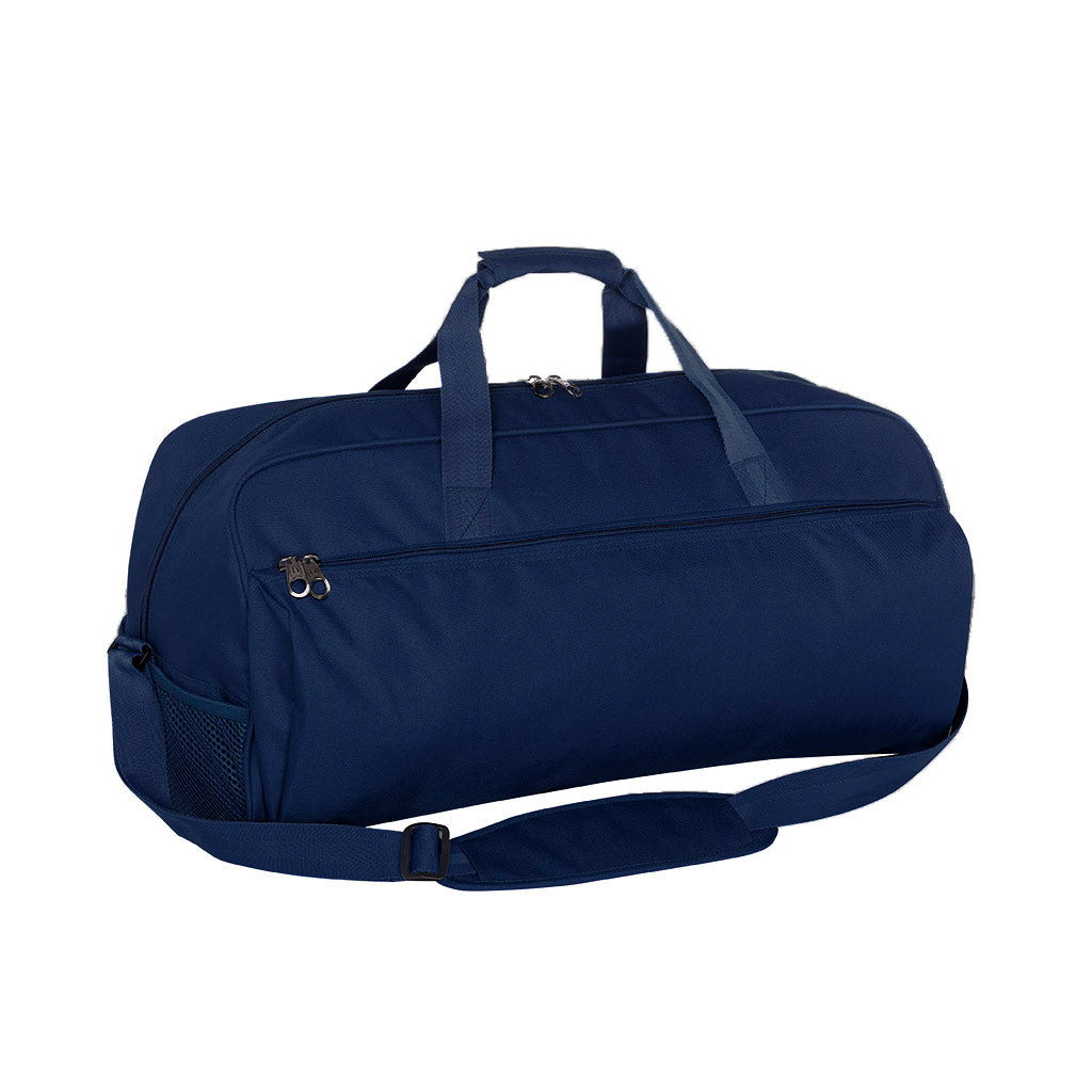 Harlequin Dance Bag in Navy Blue front angle displaying carry handles, top zip compartment, front lower zip compartment and shoulder strap