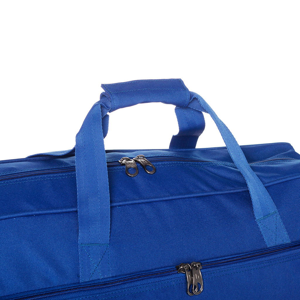 Harlequin sport Bag in Royal Blue zoomed front angle displaying carry handles, top zip compartment and front lower zip compartment