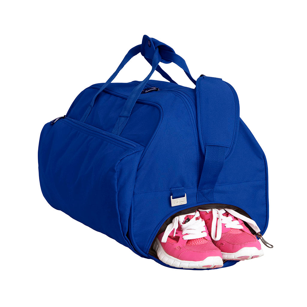 Harlequin sport Bag in Royal Blue side angle displaying carry handles, top zip compartment, front lower zip compartment, shoulder strap and side shoe tunnel with mesh air vent