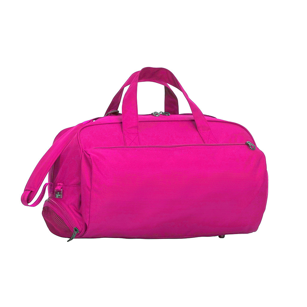 Pink Sports Bag front view with adjustable shoulder strap, zip pockets and shoe space.