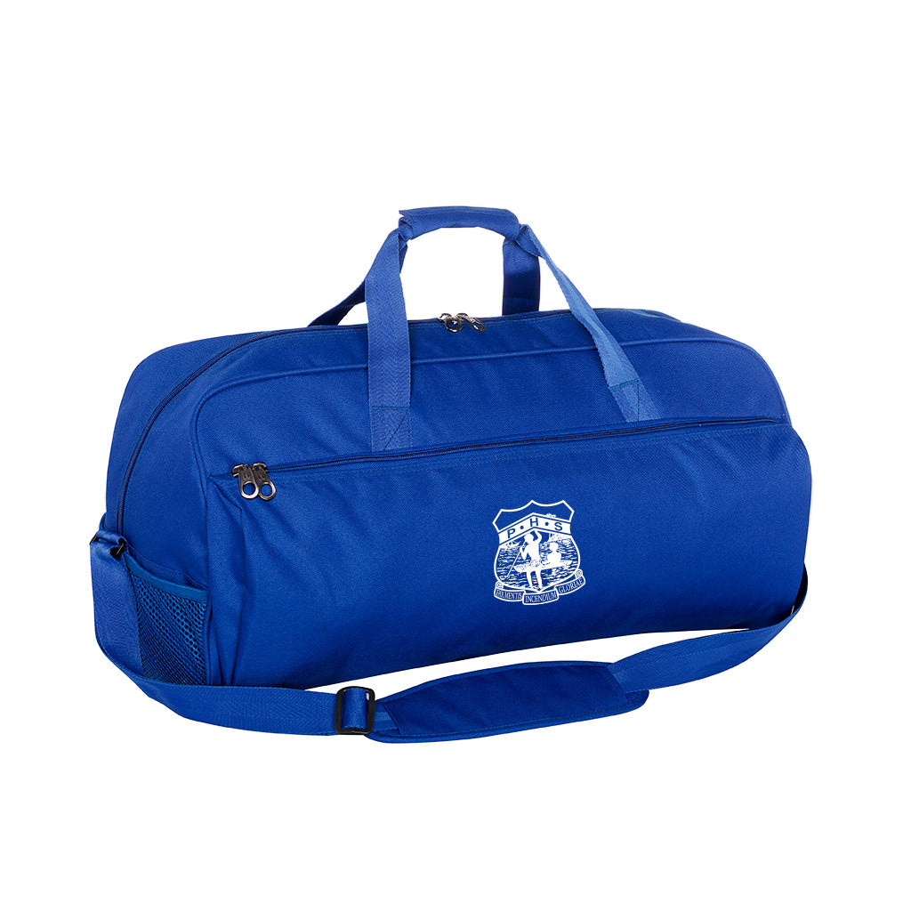 Royal Blue Harlequin sport Bag front angle displaying carry handles, top zip compartment, front lower zip compartment and shoulder strap with Parramatta High School logo