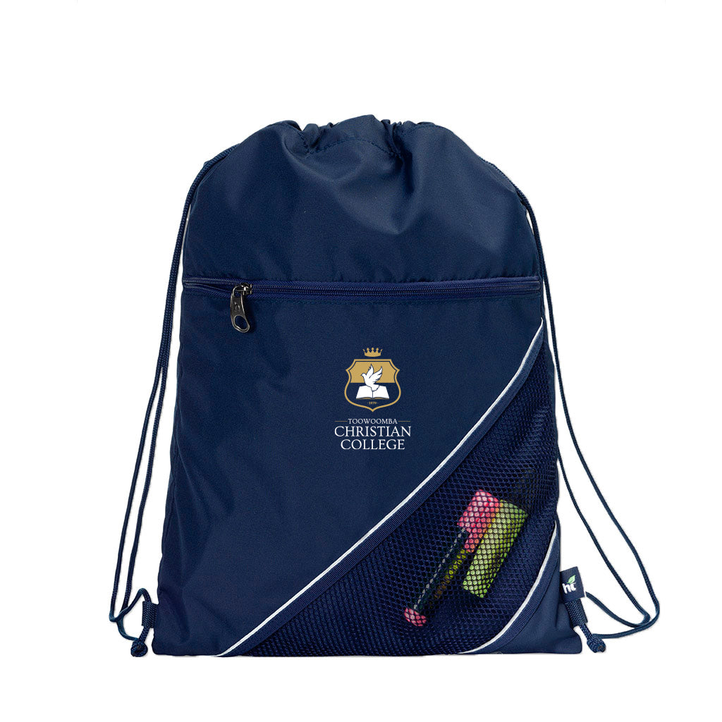 Harlequin navy eco sprint bag displaying drawstring opening, top zipper, external zippered pocket, and d-ring trinket holder