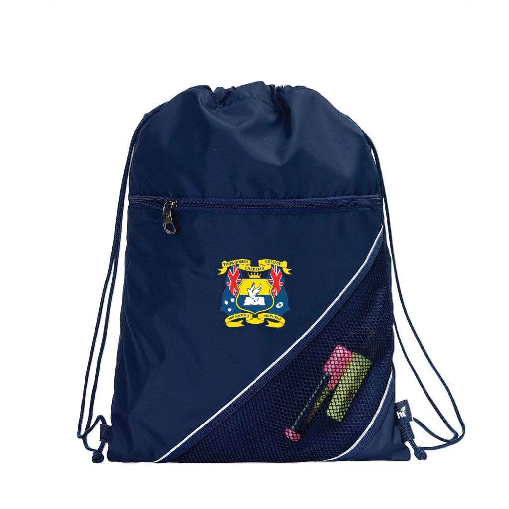 Harlequin navy eco sprint bag displaying drawstring opening, top zipper, external zippered pocket, and d-ring trinket holder