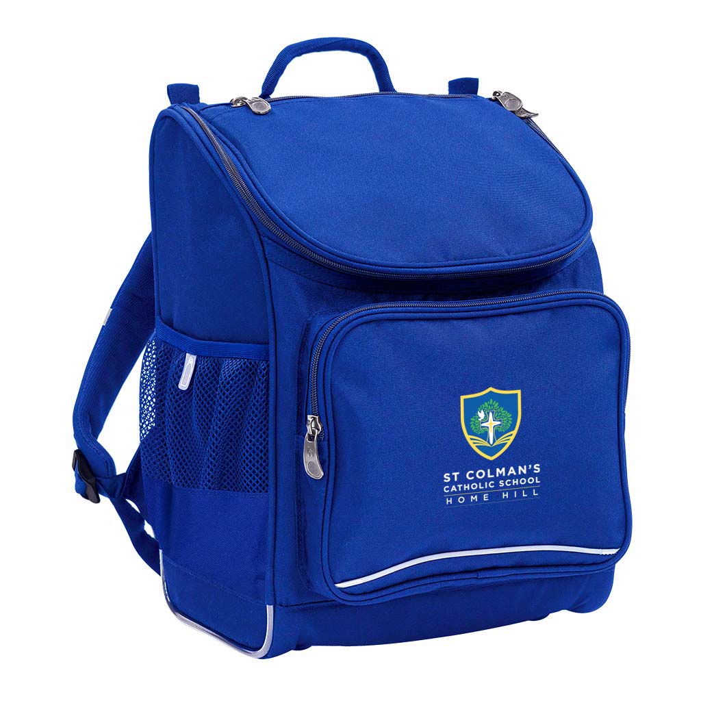 Mighty backpack in colour Royal, front side angle displaying carry handle, padded shoulder straps, top zipper compartment, front zipper pocket and mesh water bottle holder with St Colman’s School logo