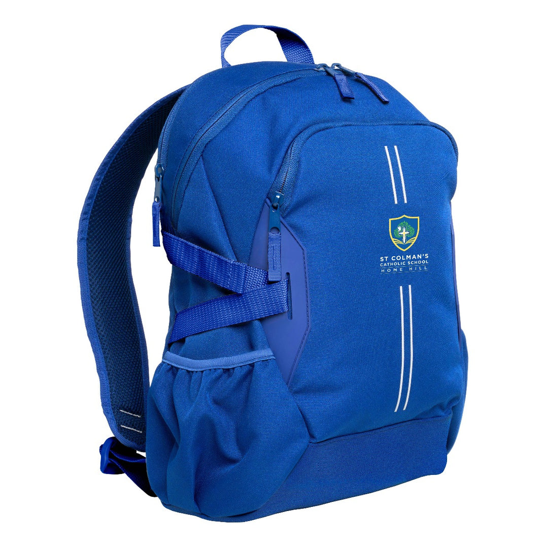Royal Harlequin Quantum Bag front view with two compartments with zip closure, light reflectors on the front pocket and adjustable straps and bottle holder on the sides of the bag and St Colman’s School logo