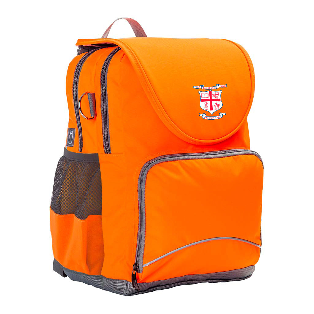 St Laurence's Parish School Forbes Ergo Tuff-Pack backpack Hi-Viz Orange. Front side angle, padded shoulder straps, two zipper compartments, front zipper pocket, D-Ring and mesh water bottle.