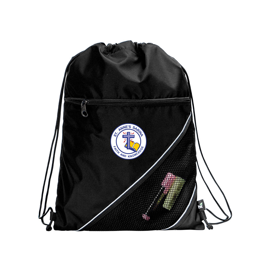 Harlequin black eco sprint bag displaying drawstring opening, top zipper, external zippered pocket, and d-ring trinket holder