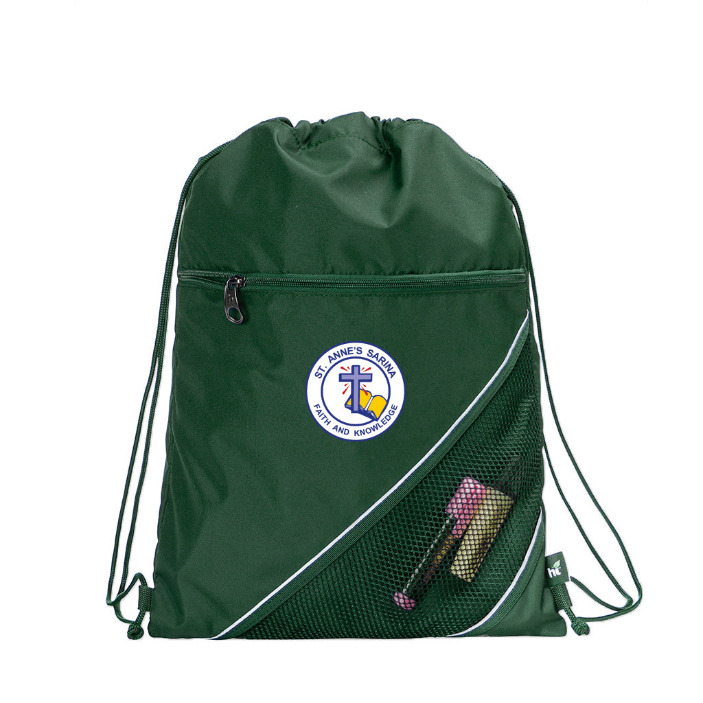 Harlequin green eco sprint bag displaying drawstring opening, top zipper, external zippered pocket, and d-ring trinket holder