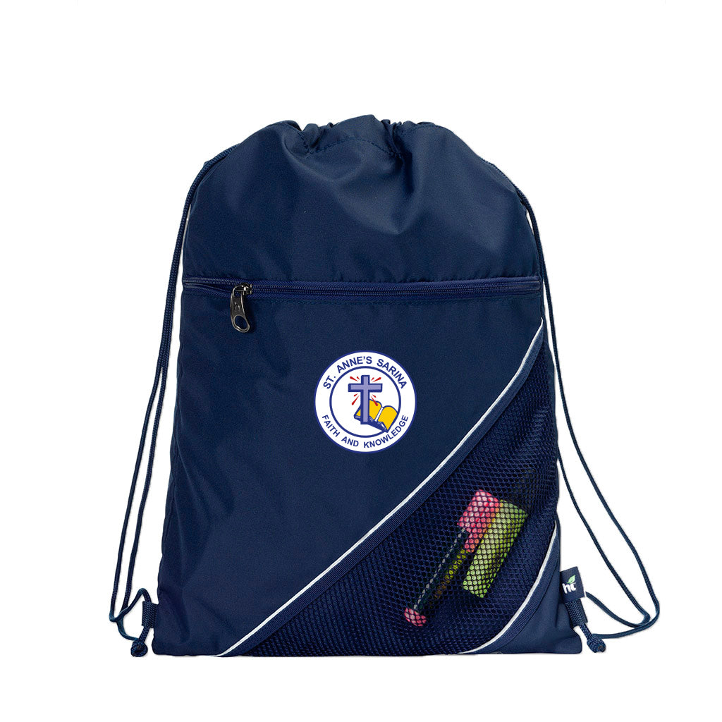 Harlequin navy eco sprint bag displaying drawstring opening, top zipper, external zippered pocket, and d-ring trinket holder