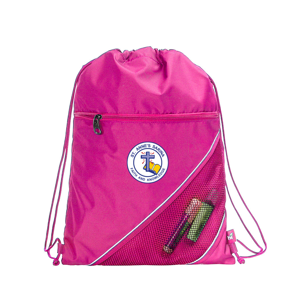 Harlequin hot pink eco sprint bag displaying drawstring opening, top zipper, external zippered pocket, d-ring trinket holder and St Anne's Catholic Primary School logo