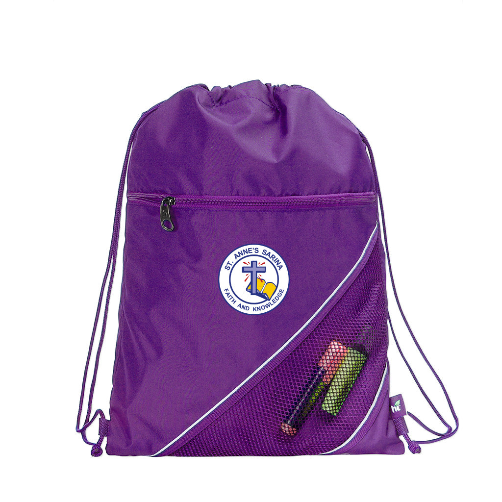 Harlequin purple eco sprint bag displaying drawstring opening, top zipper, external zippered pocket, and d-ring trinket holder