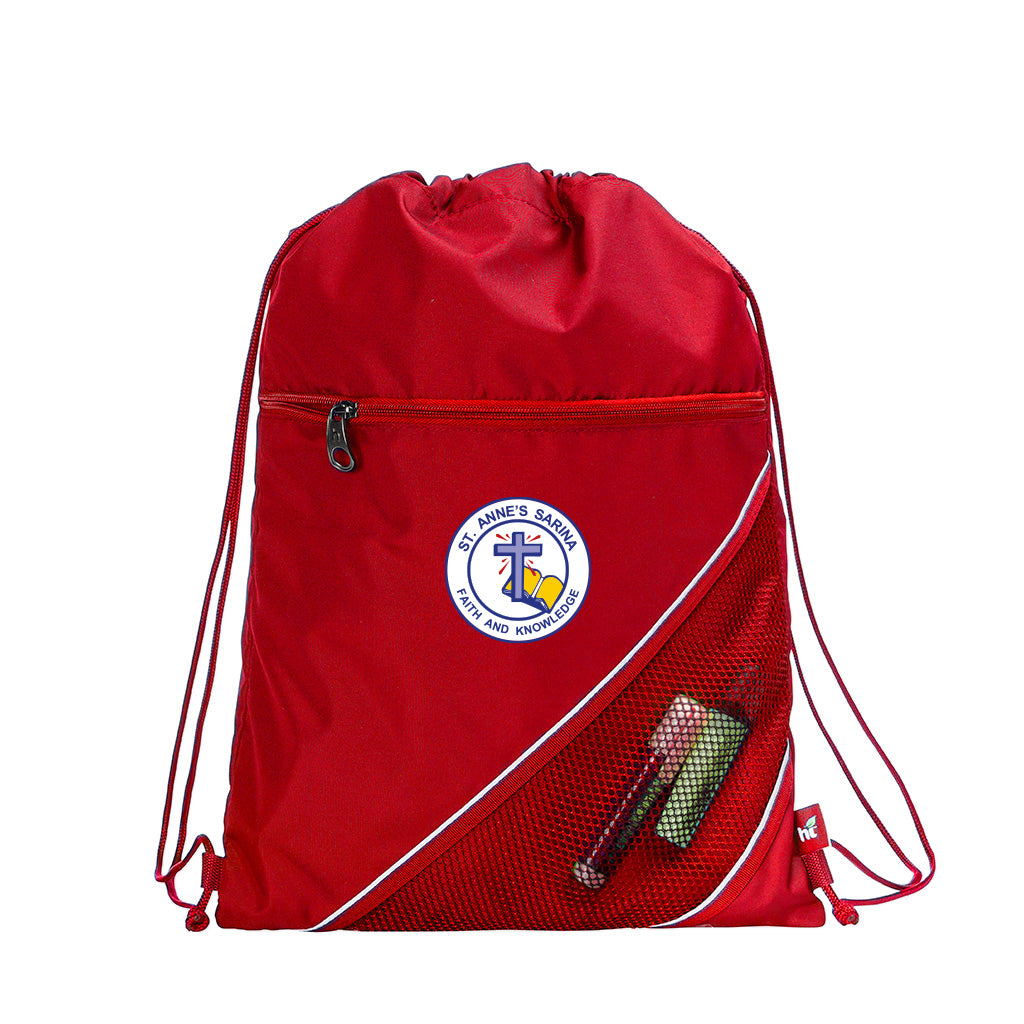 Harlequin royal eco sprint bag displaying drawstring opening, top zipper, external zippered pocket, and d-ring trinket holder
