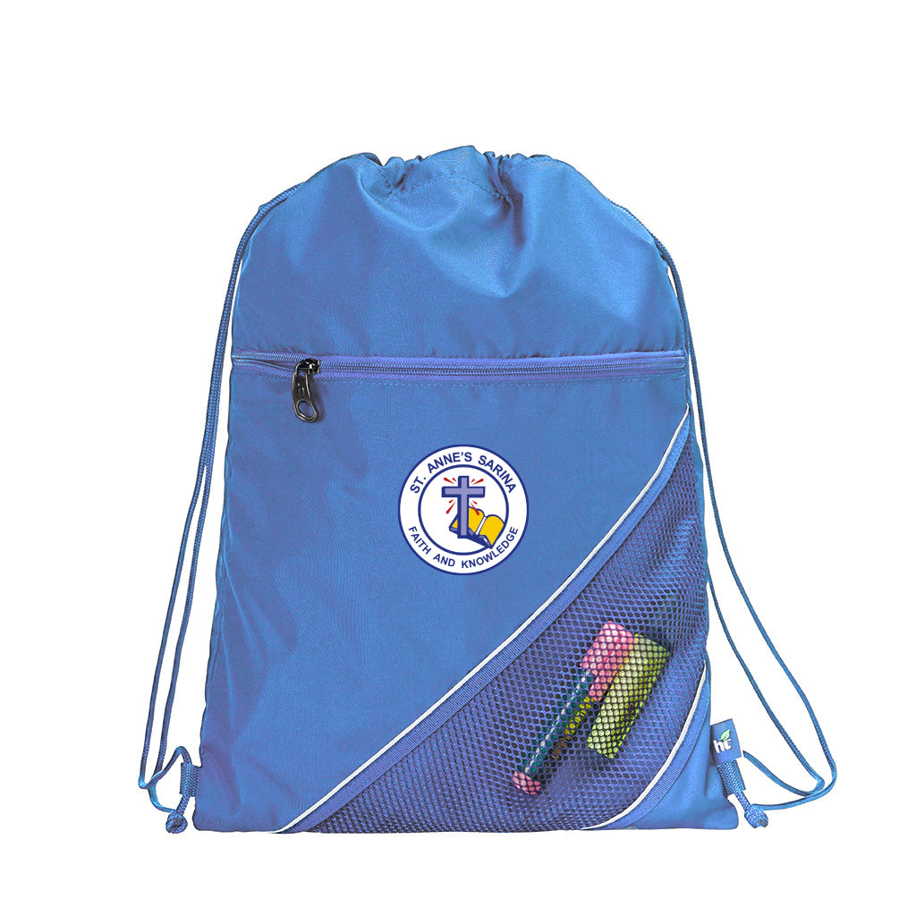 Harlequin sky blue eco sprint bag displaying drawstring opening, top zipper, external zippered pocket, d-ring trinket holder and St Anne's Catholic Primary School logo