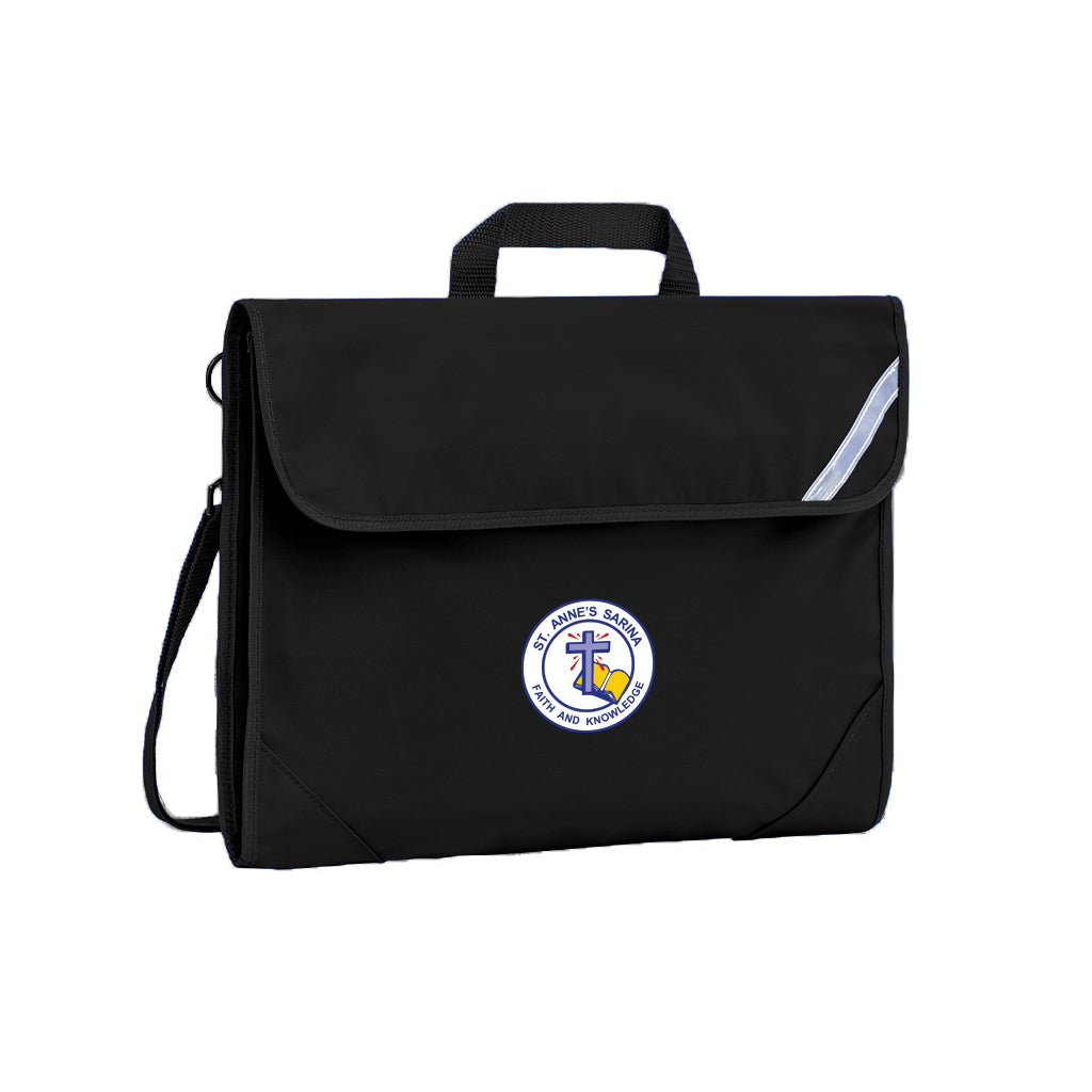 Harlequin Safety Library bag in black displaying carry handle, velcro opening, shoulder strap, reflector safety strip, reinforced corners and St Anne's Catholic Primary School logo
