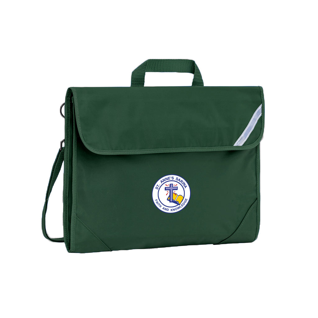 Harlequin Safety Library bag in green displaying carry handle, velcro opening, shoulder strap, reflector safety strip, reinforced corners and St Anne's Catholic Primary School logo