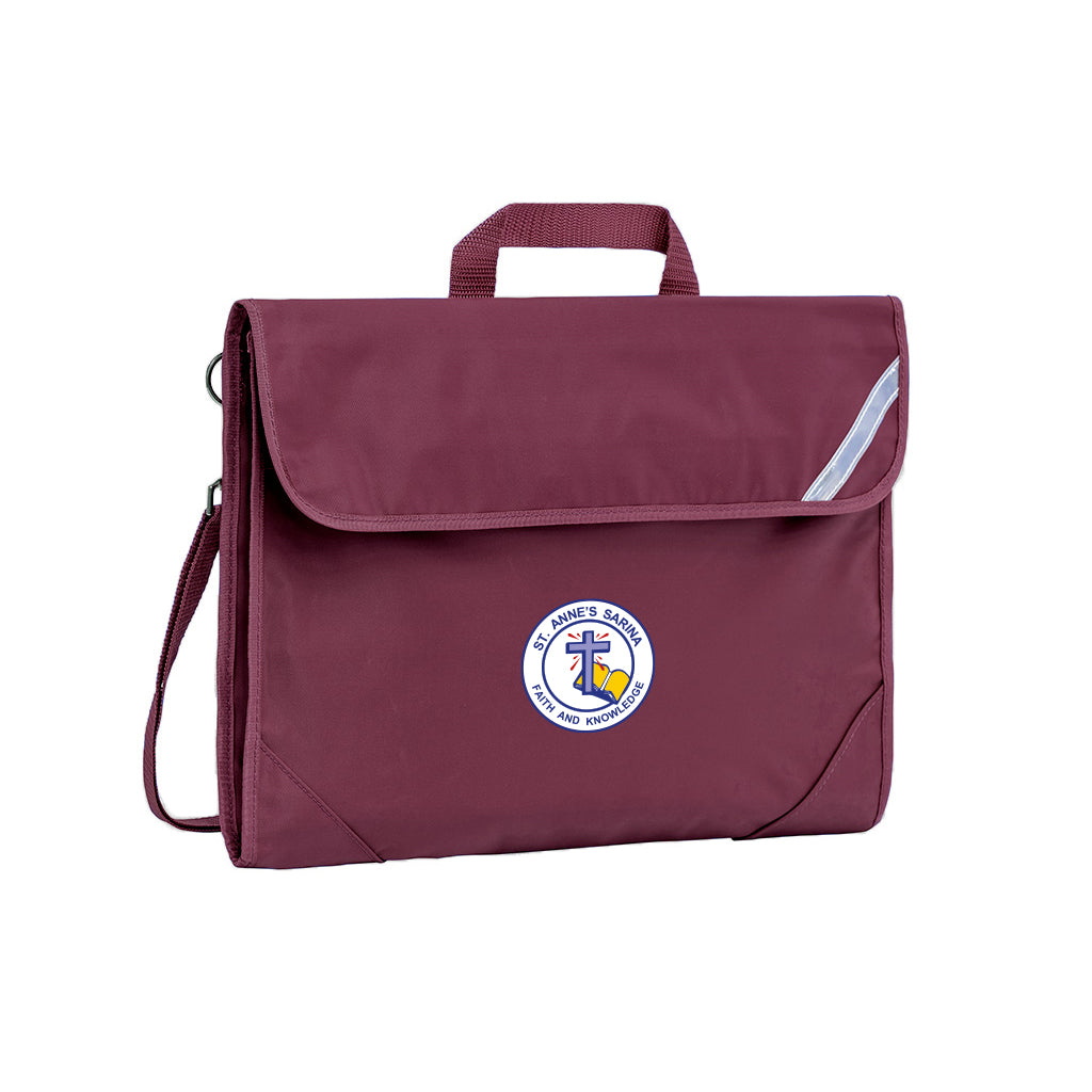 Harlequin Safety Library bag in maroon displaying carry handle, velcro opening, shoulder strap, reflector safety strip, reinforced corners and St Anne's Catholic Primary School logo