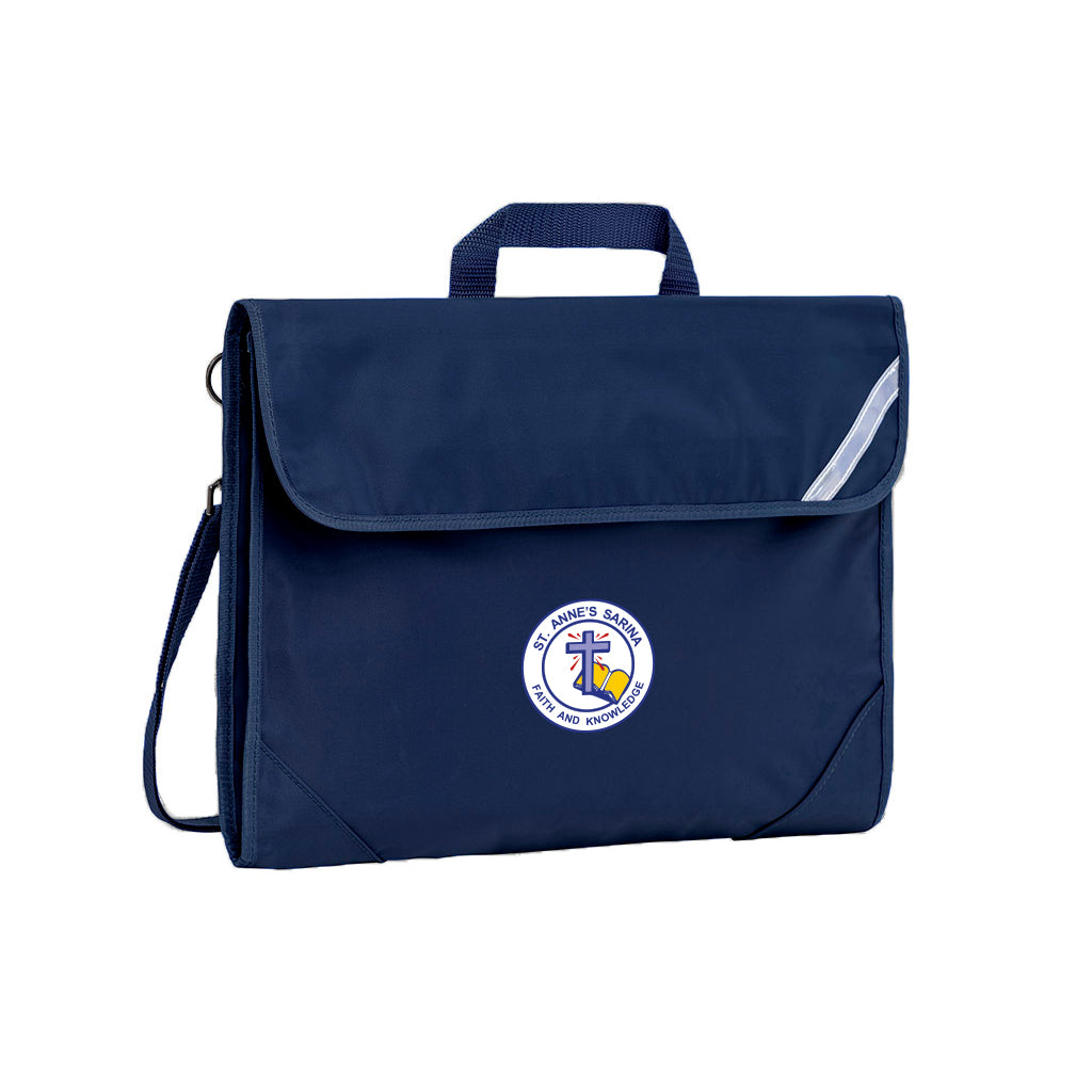 Harlequin Safety Library bag in navy displaying carry handle, velcro opening, shoulder strap, reflector safety strip, reinforced corners and St Anne's Catholic Primary School logo