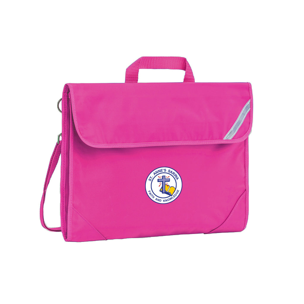 Harlequin Safety Library bag in pink displaying carry handle, velcro opening, shoulder strap, reflector safety strip, reinforced corners and St Anne's Catholic Primary School logo