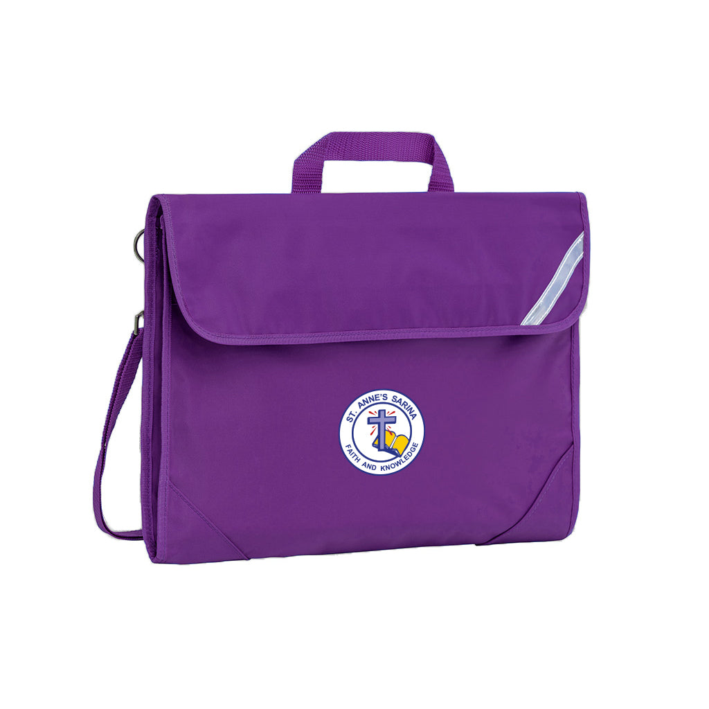 Harlequin Safety Library bag in purple displaying carry handle, velcro opening, shoulder strap, reflector safety strip, reinforced corners and St Anne's Catholic Primary School logo