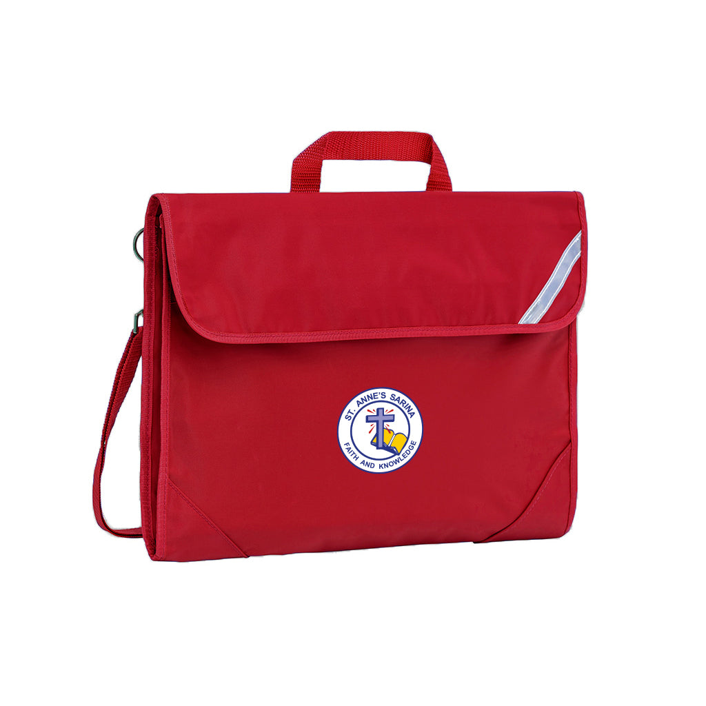 Harlequin Safety Library bag in red displaying carry handle, velcro opening, shoulder strap, reflector safety strip, reinforced corners and St Anne's Catholic Primary School logo