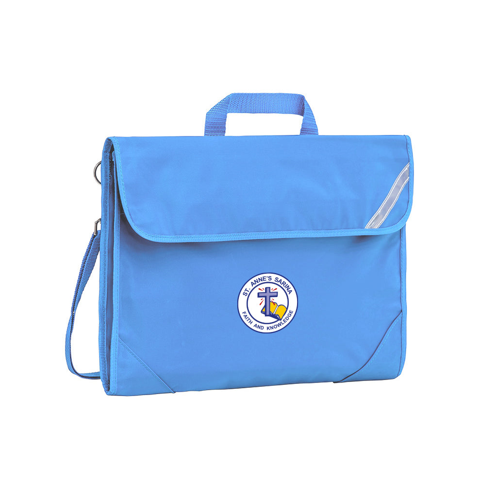 Harlequin Safety Library bag in sky blue displaying carry handle, velcro opening, shoulder strap, reflector safety strip, reinforced corners and St Anne's Catholic Primary School logo