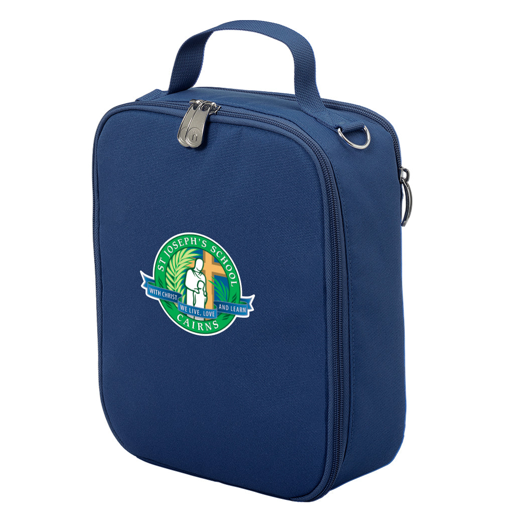 Harlequin lunch bag in Navy colour front side angle displaying carry handle, durable water repellent material with St Joseph's School Cairns logo