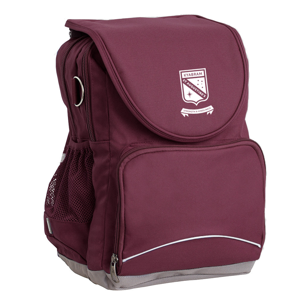 St Augustine's College Kyabram Ergo Tuff-Pack backpack Maroon. Front side angle, padded shoulder straps, two zipper compartments, front zipper pocket, D-Ring and mesh water bottle.