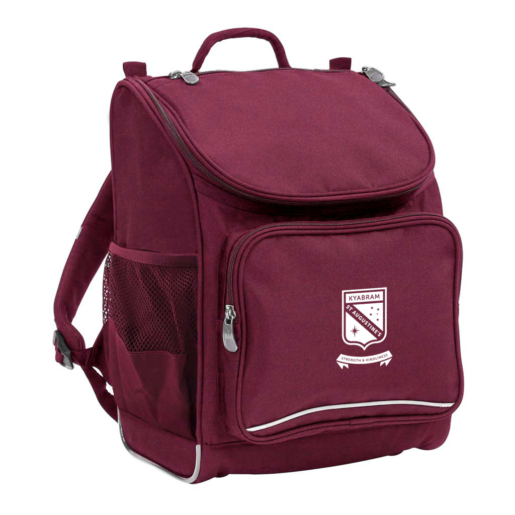 Mighty backpack in colour Maroon, front side angle displaying carry handle, padded shoulder straps, top zipper compartment, front zipper pocket and mesh water bottle holder with St Augustine's College Kyabram logo
