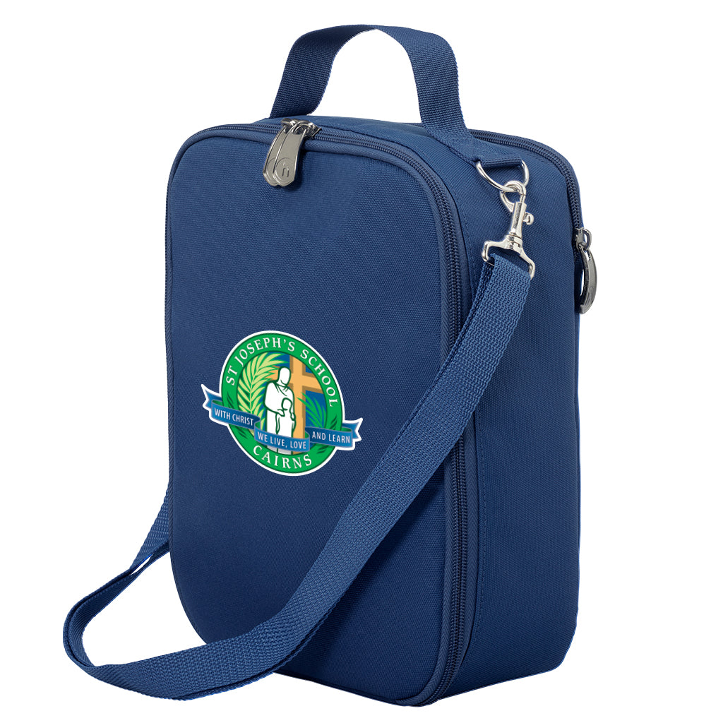 Harlequin lunch bag in colour front side angle displaying carry handle, durable water repellent material with St Joseph's School Cairns logo