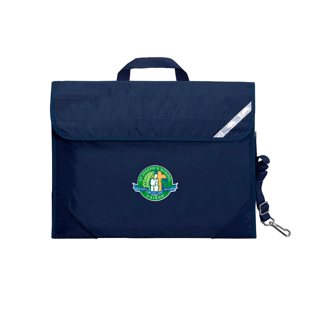 Harlequin Safety Library bag in Navy displaying carry handle, velcro opening, shoulder strap, reflector safety strip, reinforced corners and St Joseph's School Cairns logo