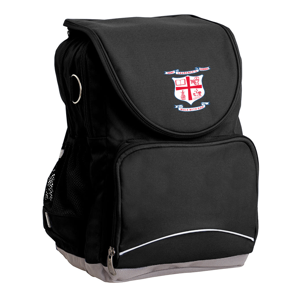 St Laurence's Parish School Forbes Ergo Tuff-Pack backpack Black. Front side angle, padded shoulder straps, two zipper compartments, front zipper pocket, D-Ring and mesh water bottle.