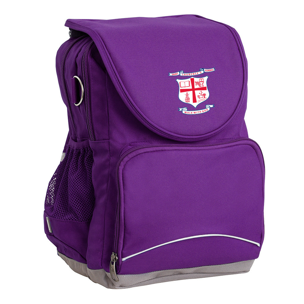 St Laurence's Parish School Forbes Ergo Tuff-Pack backpack Purple. Front side angle, padded shoulder straps, two zipper compartments, front zipper pocket, D-Ring and mesh water bottle.