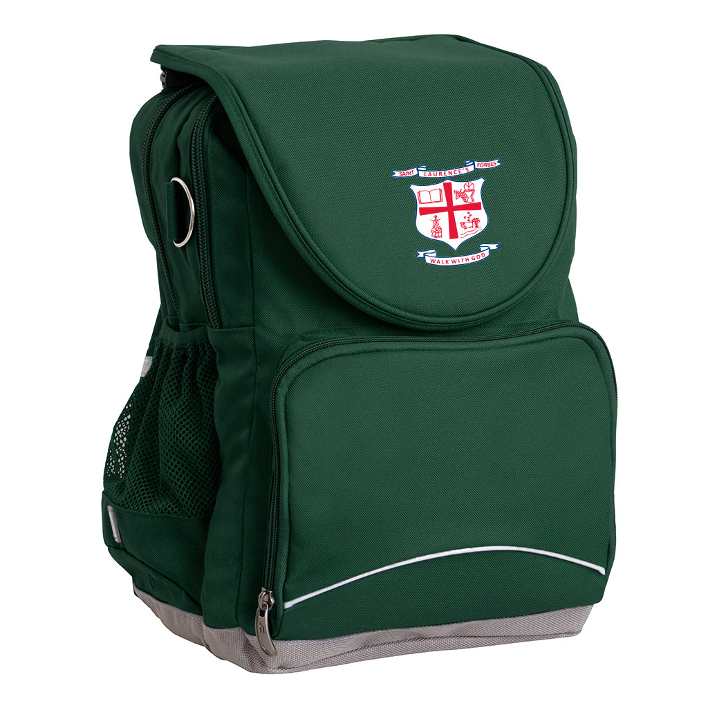 St Laurence's Parish School Forbes Ergo Tuff-Pack backpack Black. Front side angle, padded shoulder straps, two zipper compartments, front zipper pocket, D-Ring and mesh water bottle.