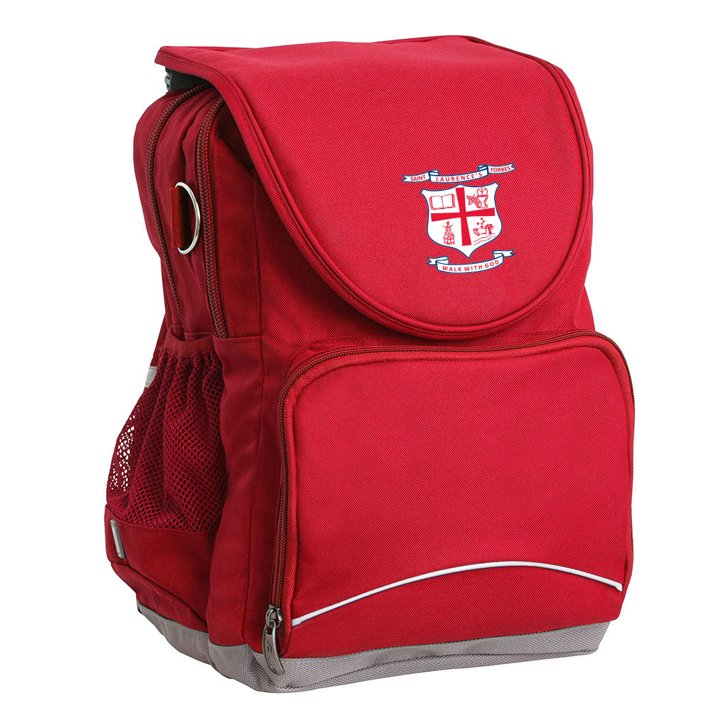 St Laurence's Parish School Forbes Ergo Tuff-Pack backpack Red. Front side angle, padded shoulder straps, two zipper compartments, front zipper pocket, D-Ring and mesh water bottle.