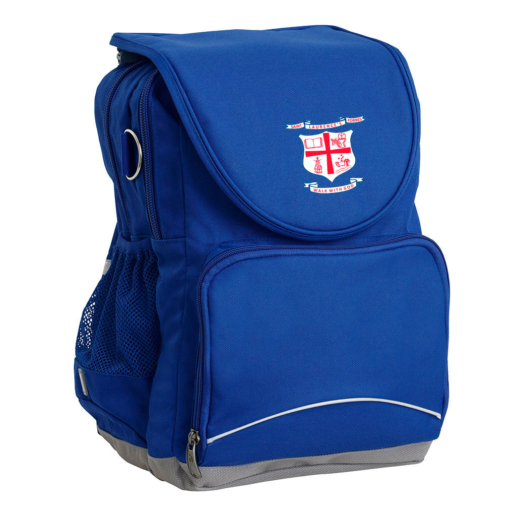 St Laurence's Parish School Forbes Ergo Tuff-Pack backpack Royal. Front side angle, padded shoulder straps, two zipper compartments, front zipper pocket, D-Ring and mesh water bottle.
