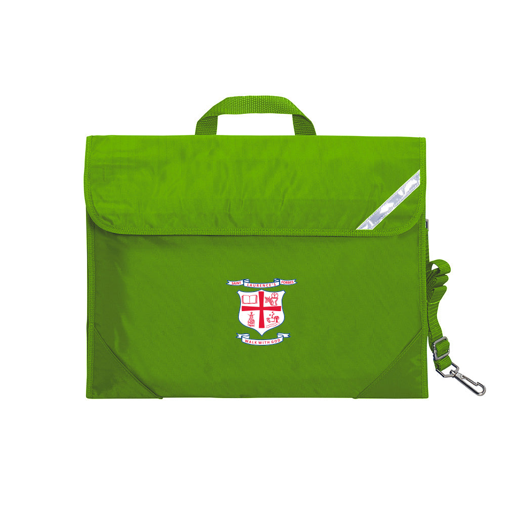 Harlequin Safety Library bag in Green Apple displaying carry handle, velcro opening, shoulder strap, reflector safety strip and reinforced corners