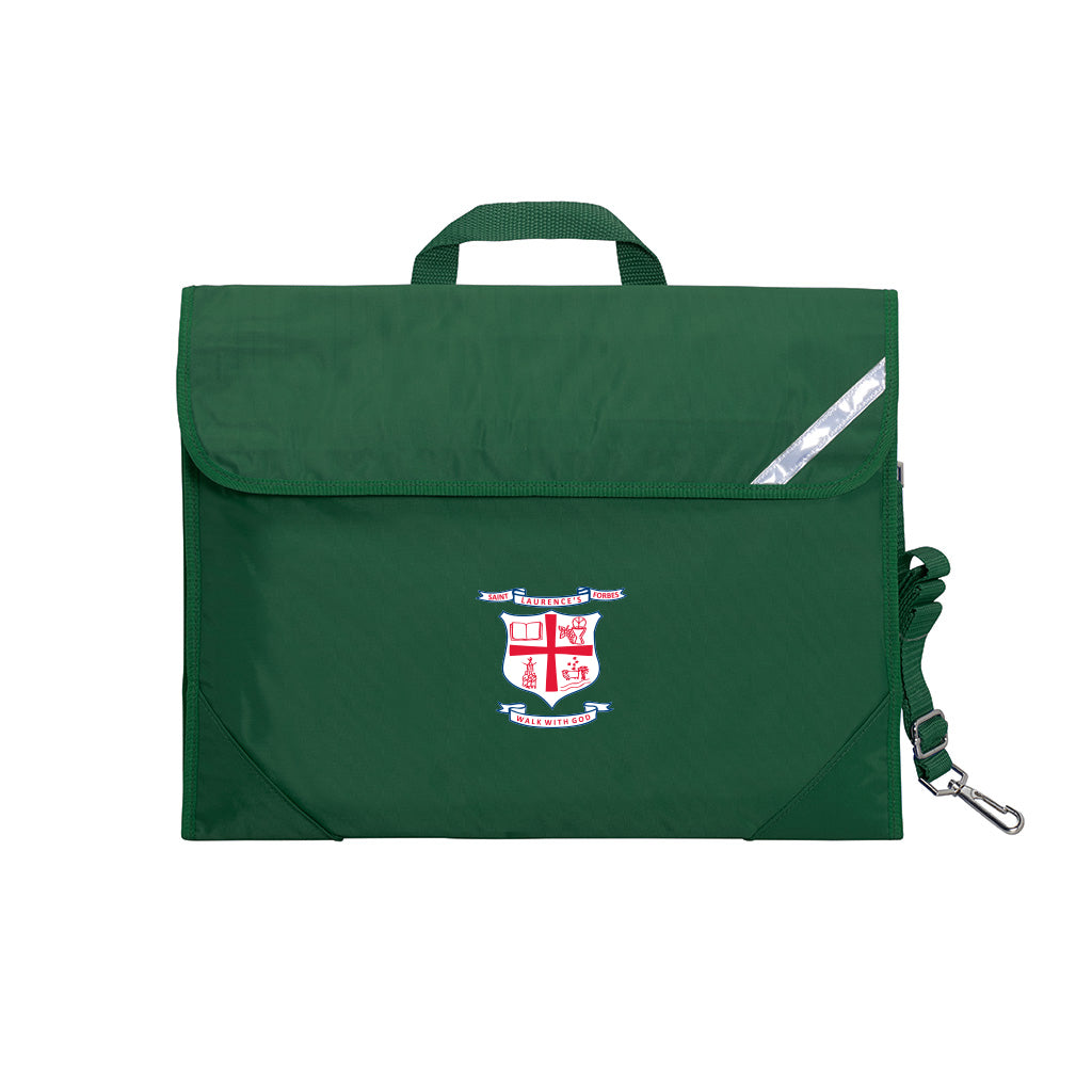 Harlequin Safety Library bag in Bottle Green displaying carry handle, velcro opening, shoulder strap, reflector safety strip, reinforced corners and St Laurence's Parish School Forbes logo