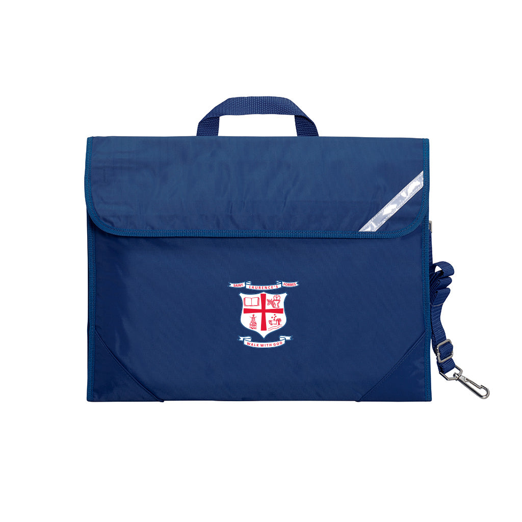 Harlequin Safety Library bag in navy displaying carry handle, velcro opening, shoulder strap, reflector safety strip, reinforced corners and St Laurence's Parish School Forbes logo