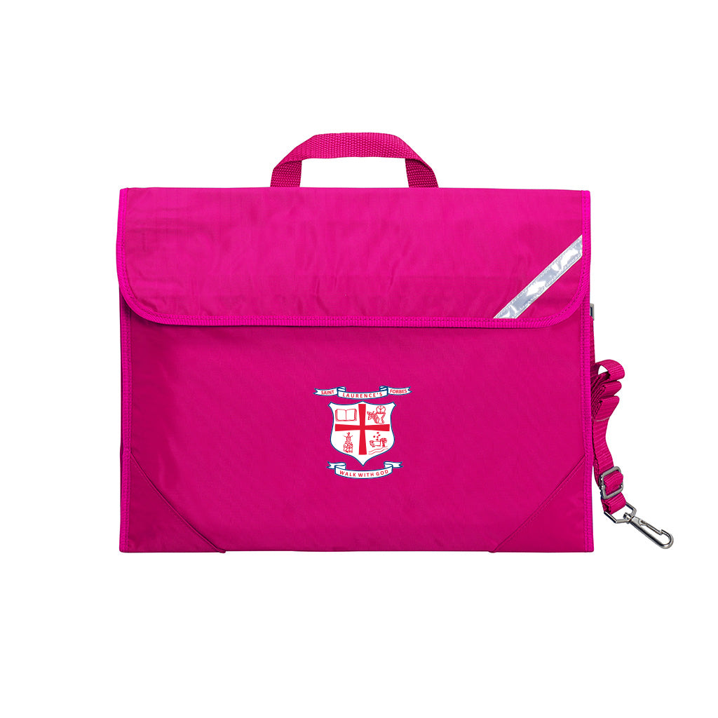 Harlequin Safety Library bag in pink displaying carry handle, velcro opening, shoulder strap, reflector safety strip, reinforced corners and St Laurence's Parish School Forbes logo
