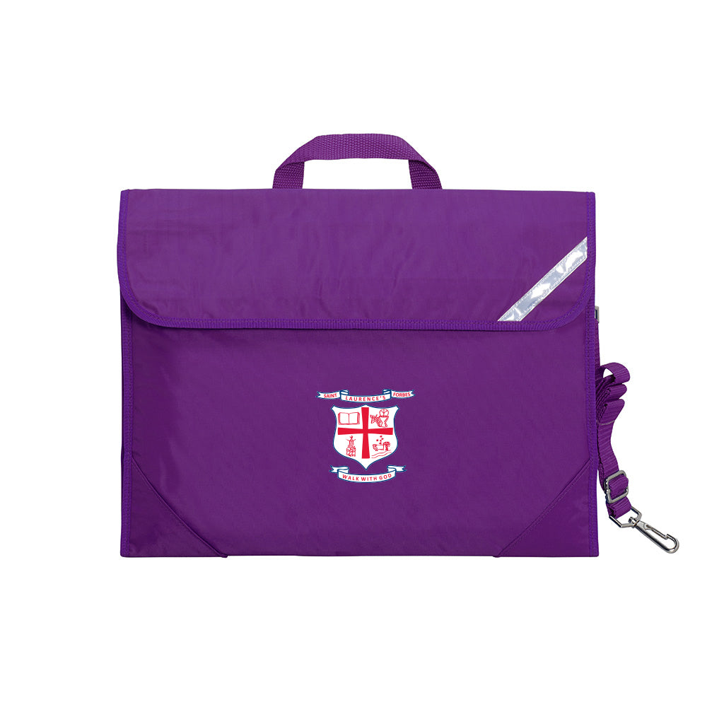 Harlequin Safety Library bag in purple displaying carry handle, velcro opening, shoulder strap, reflector safety strip, reinforced corners and St Laurence's Parish School Forbes logo