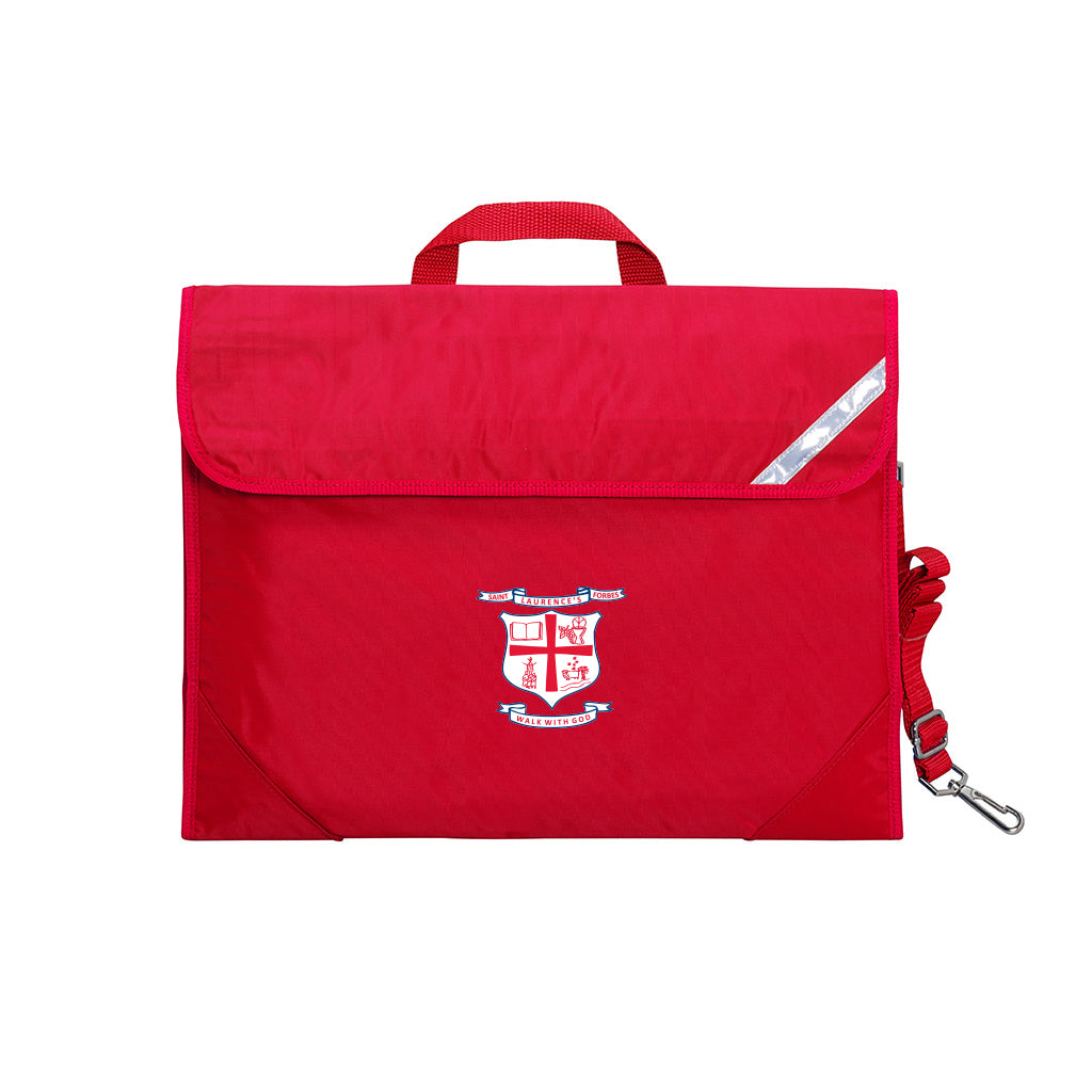 Harlequin Safety Library bag in Red displaying carry handle, velcro opening, shoulder strap, reflector safety strip and reinforced corners