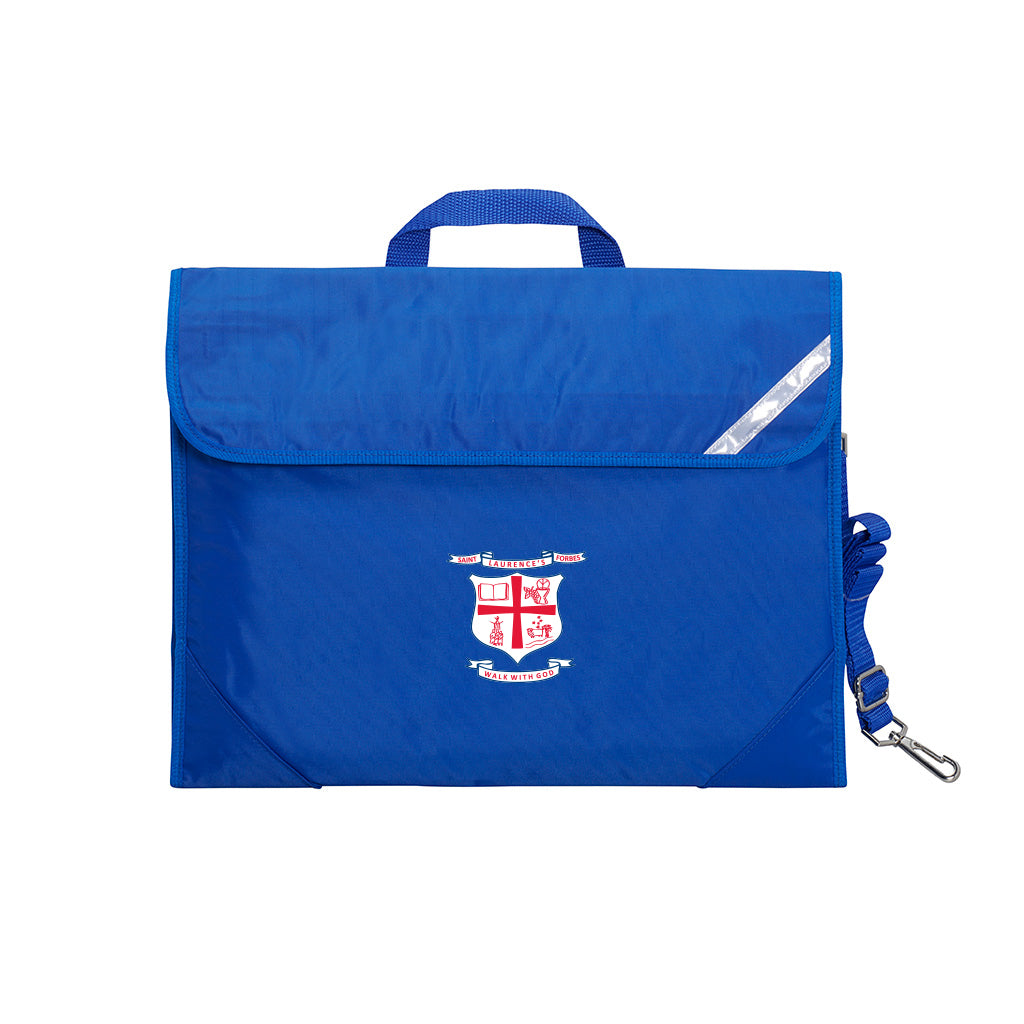 St Laurence's Parish School Forbes - Safety Library bag in Royal Blue front angle view displaying carry handle, easy open velcro strap, reflector safety strip, reinforced corners, shoulder straps and the school logo on front pocket