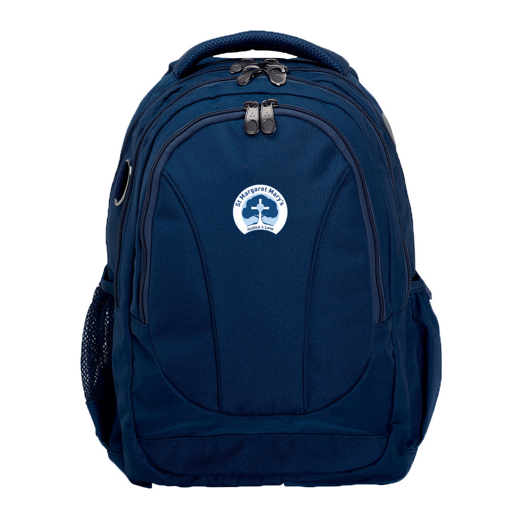 Navy ergonomic backpack with spinal support, three compartments, padded laptop pocket, phone pocket, water bottle holder, and D-ringÑdesigned for comfort and style and St. Margaret Mary's Catholic Primary School Randwick logo